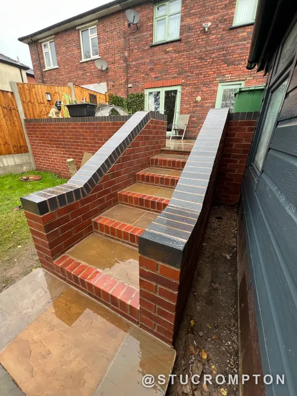 Brick steps with blue brick copings