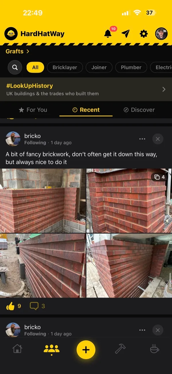 The Hard Hat Way community feed showing a bricklayer's posted work