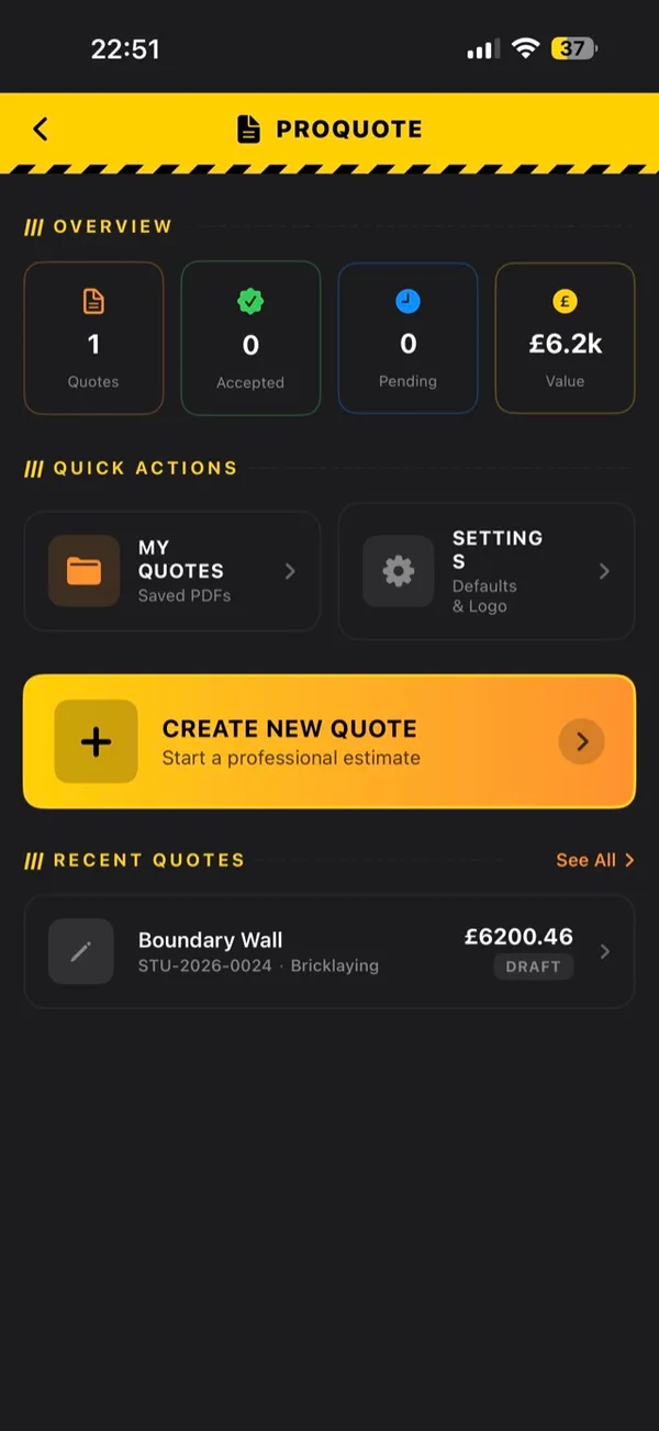 ProQuote in the Hard Hat Way app with a saved quote for a boundary wall