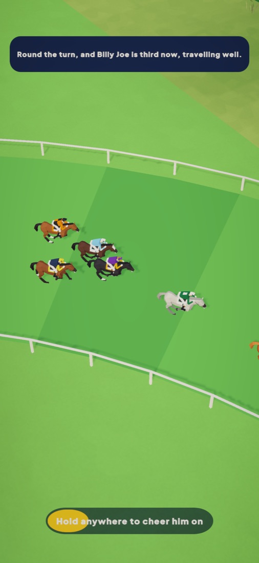 Race day: the horses round the turn, with the commentary at the top