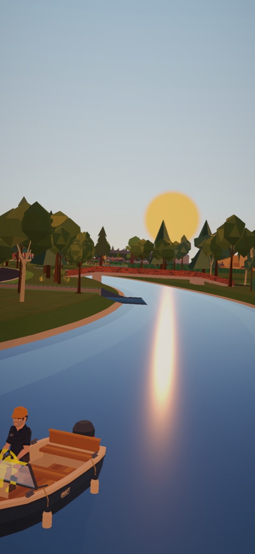 The builder in his boat on the river at sunset